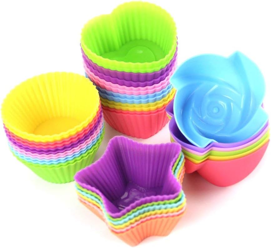 Silicone Cupcake Moulds, Blufied 24 Pack Reusable Nonstick Baking Cases Muffin Moulds for Cakes Ice Creams Puddings Jelly, 4 Shape Rainbow Colors