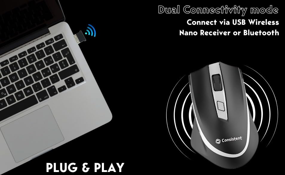 Image of Consistent Fusion Wireless Mouse (MG1151) Wireless Mouse, 2.4GHz with USB Nano Receiver, High Precision Optical Tracking, Buttons, Plug & Play, Ambidextrous, for PC /Mac /Laptop (Black)