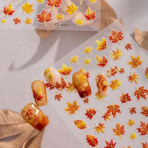 Image of Autumn Maple Leaf Nail Stickers 5D Embossed Fall Nail Decals for Nail Art | Gold Red Leaves Nail Art Stickers with Design Self Adhesive Nails Charms Supply for Women Manicure Decoration Accessories
