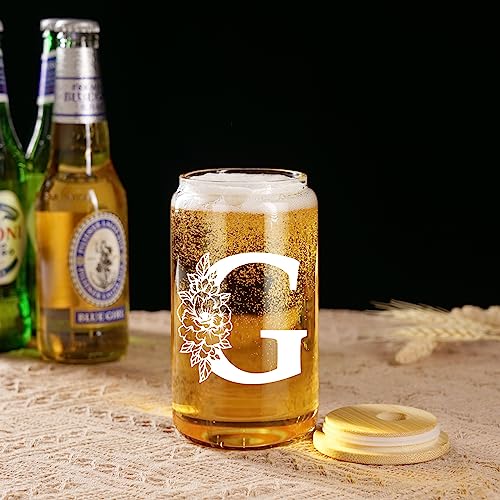 Image of Coolife Initial Glass Cup, Monogrammed Gifts for Women, 16 oz Tumbler w /Lid | Iced Coffee Smoothie Beer Tumbler w /Straw Lid - Personalized Christmas, Birthday Gifts for Woman Her Mom Friend