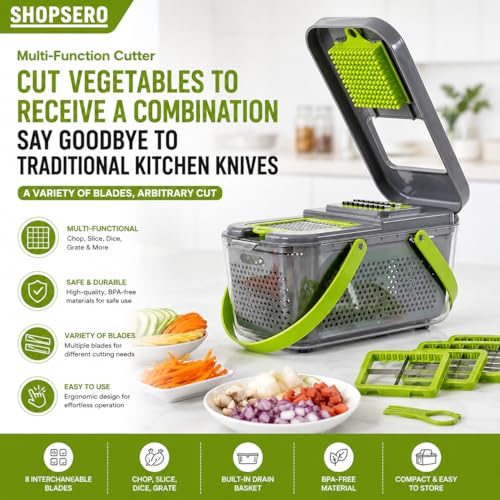 Image of 22 in 1 Vegetable Chopper with Container & Interchangeable Blades | Manual Vegetable Cutter, Onion Chopper & Vegetable Slicer | Multipurpose Food Dicer with Hand Protector | Kitchen Chopper