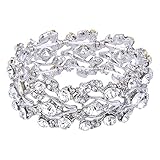 EVER FAITH Bridal Silver-Tone Floral Leaf Elastic Bracelet Clear Austrian Crystal