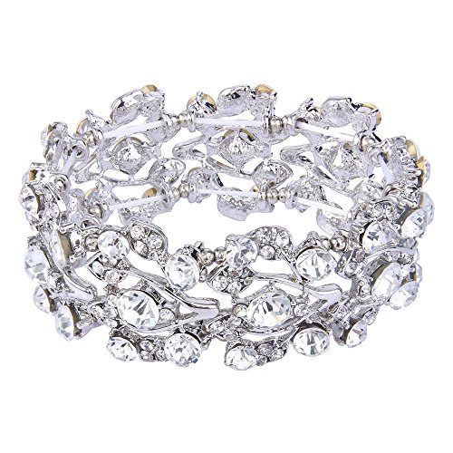 EVER FAITH Austrian Crystal Bridal Floral Leaf Elastic Bracelet for Women Clear Silver-Tone