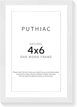 puthiac 4x6 Oak Wood Picture Frame - 4"x6" Photo Frame, 4x6 Picture Frame Wood, Natural Solid Wooden Picture Frames for Wall Art Photo and Prints(1 Pack, White)