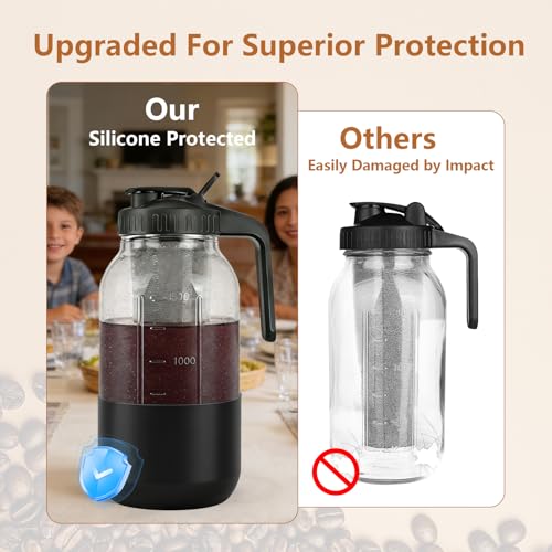 Image of Cold Brew Coffee Maker, 64oz Mason Jar Pitcher with Stainless Steel Filter, Leak-Proof Lid with Pour Spout & Handle, Heavy Duty Glass Iced Coffee Tea Brewer with Protective Silicone Sleeve-Black