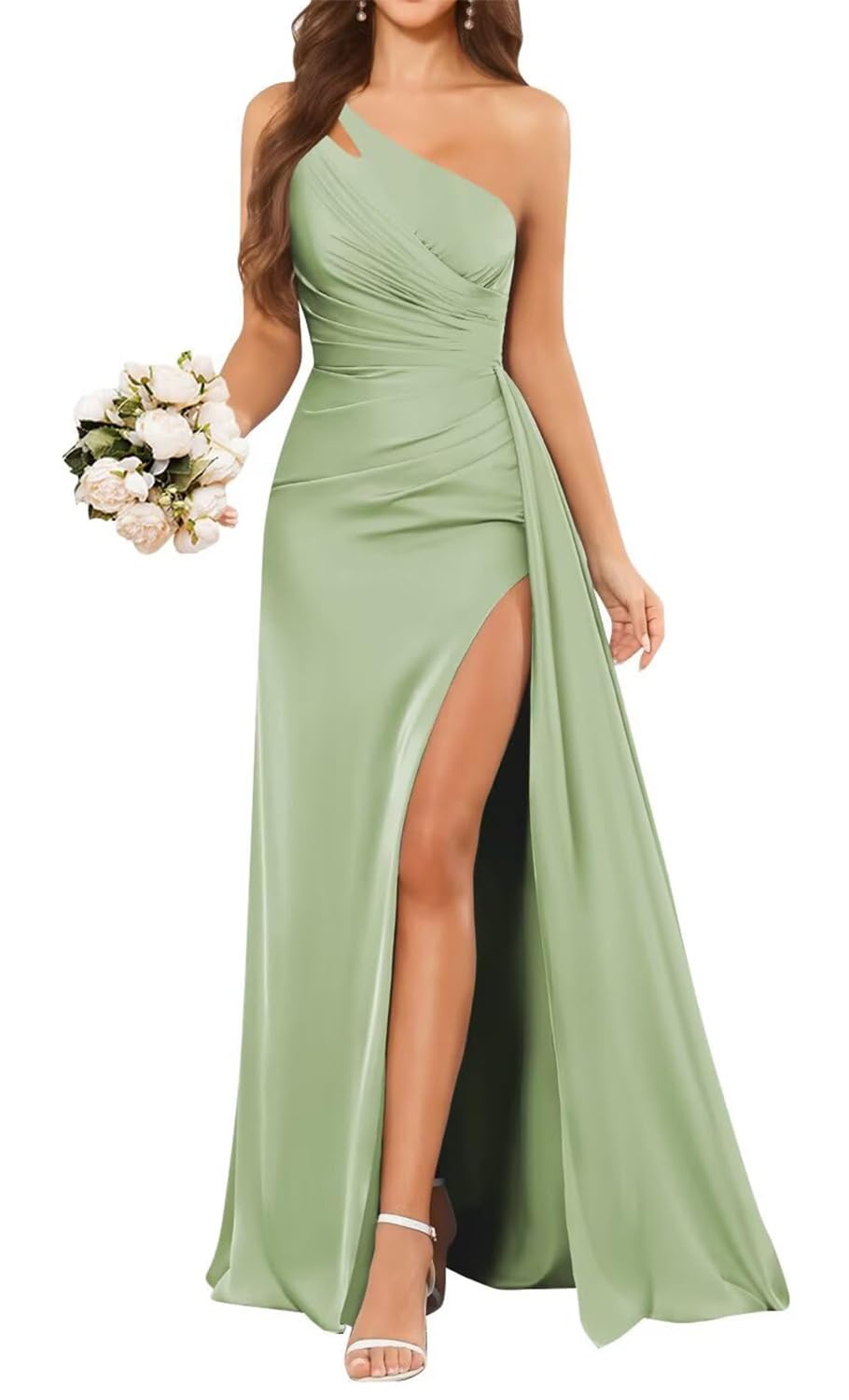 HPPEE Satin Sage Green Prom Dresses for Women with Slit Mermaid One Shoulder Bridesmaid Dress Floor Length Formal Gown UK8