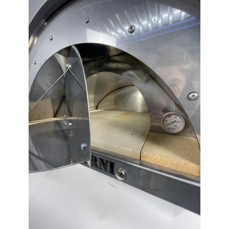 Forno Pizza a Legna Da Esterno - Cottura Diretta In Acciaio Inox e Mattoni Refrattari Biscotto 3 cm, Alfonso 2 Pizze Full Optional Inox, con Pirometro 500 Gradi e Porta Fuoco - Forno Pizza Da Giardino