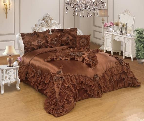 it&C's World Class Super Soft Silk with Handmade Flower Embroidery Wedding Style 5 Pcs Super King Size Double Bed Quilted Luxury Bridal Comforter Set (Brown)-image-40