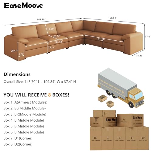 Image of EASE MOOSE Leather Sectional Couch, Oversized Modular Sectional Sofas, Wide Deep Seat Modular Couch, Scratch Resistant Faux Leather Material, L Shaped Sofa for Big Spaces, Brown