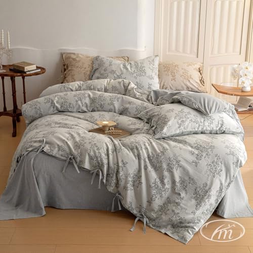 VM VOUGEMARKET Jacquard Floral Duvet Cover Queen Gray Bedding Set, Linen Cotton Yarn-Dyed Comforter Cover 90"x90" with 2 Pillowcases,Soft Breathable,Gray
