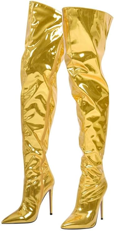 sexytag Women's Over The Knee Metallic Boots Stiletto Heel Pointed Toe Fashion Side Zipper Thigh High Boots