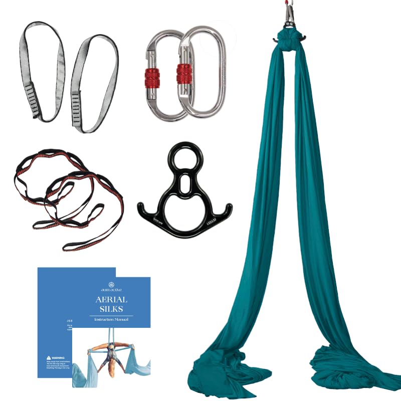 aum activeAerial Silks Equipment for Acrobatic Flying Dance, Aerial Yoga - Includes All Hardware, Fabric and Guide (Teal)