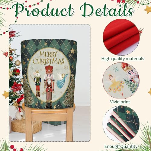 Image of Christmas Chair Covers Set of 6 Green Nutcracker Christmas Tree Chair Back Covers Holiday Dining Chair Slipcovers Protector Kitchen Dining Room Decor Festival Party Decoration