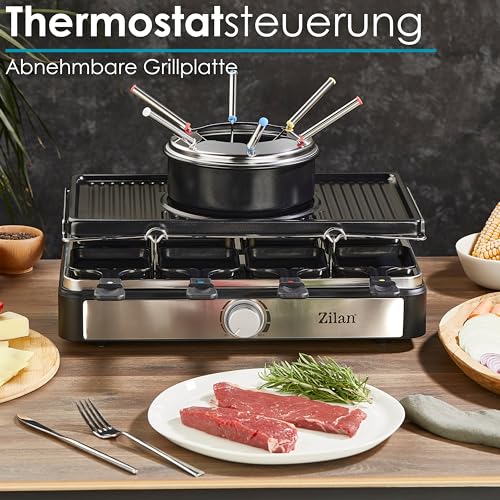 Raclette Grill mit Fondue Set | 8-Personen Tischgrill | Elektro Raclettegrill mit Massiver Naturstein- und beschichteter Grillplatte | Heizelement aus Edelstahl – Bild 5