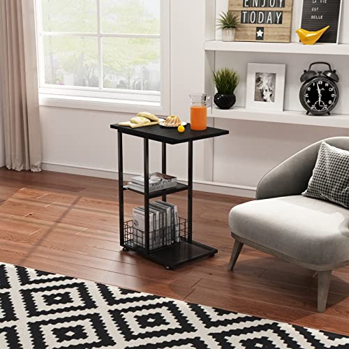 Nongshim Snack Side Table, C Shaped Table End Table With Storage Basket, Sofa Table With Metal Frames, Small Snack Tables For Living Room, Bedroom, Black #TOP6
