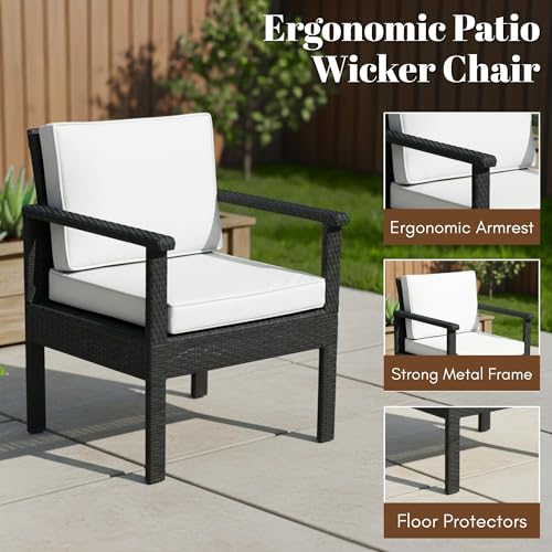 Image of DEVOKO Rattan & Wicker 4 Piece Outdoor Conversation Sofa for Balcony, Indoors Porch, Garden, Terrace Patio Furniture Set with Cushions and Center Table (Black and White), 78 cm, 101.6 cm, 53.3 cm
