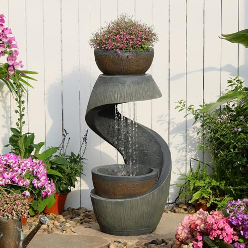 Takamota Outdoor Water Feature Patio Fountain with LED Lights, 31.9' Resin Garden Waterfall Fountain Outdoor, Modern S-Shaped Bowl Design Water Feature for Porch, Garden, Yard, Home Decor, Grey