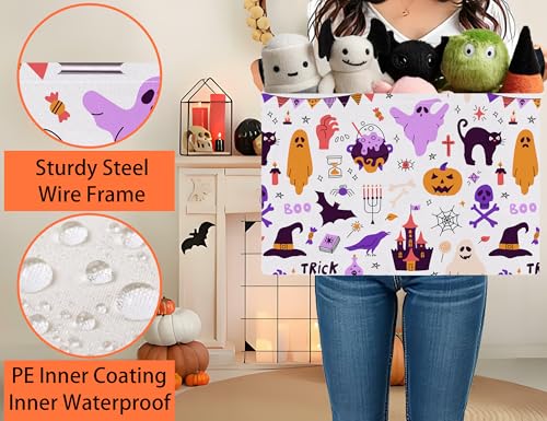 Image of Large Halloween Themed Candy Gift Boo Basket for Kids Baby Personalized Adults Storage Bin Fall Decor(Purple Skull Castle Cat Spooky)