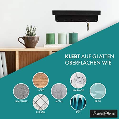 Simple@Home® Premium Schlüsselbrett mit Ablage ohne Bohren aus Edelstahl | Schlüsselboard selbstklebend mit 3M Klebestreifen | Schlüsselbrett schwarz matt | Schlüsselbrett modern mit Wandablage