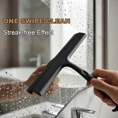 Image of Shower Squeegee for Glass Doors, 10-Inch Silicone, Fishtail Type Hook,Black | One-piece Silicone, Fishtail Hook, Non-slip Grip and Quiet Glide for Shower Glass, Tile, Mirrors, Windows and Car Glass