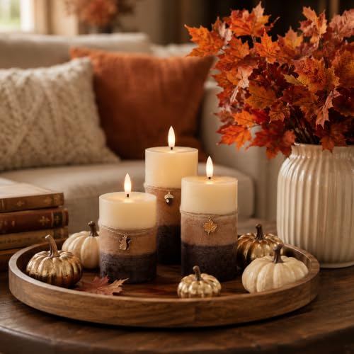 Image of Brown Fall Flameless Pillar Candles with Remote, 3 Pack Thanksgiving Decor