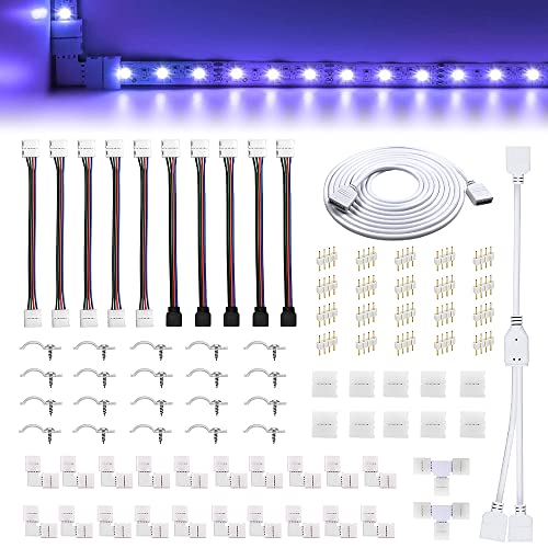 SIYINGSAERY 64Stk LED Strip Verbinder Kit LED Streifen Verbinder Eckverbinder 4 Pin 10mm LED Verlängerungskabel 2m RGB Splitterkabel LED Band Befestigungsclips LED Schnellverbinder für LED Stripe Cover