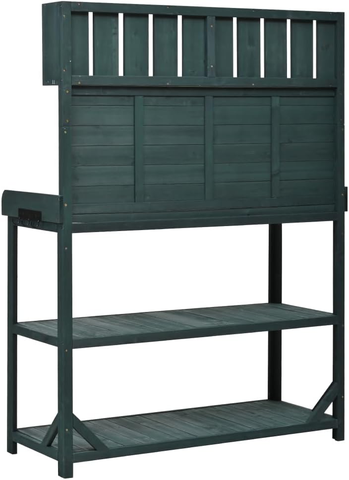 TOPMAX 65" Large Wooden Farmhouse Rustic Outdoor Potting Bench Table, Patio Workstation, Garden Potting Bench with 4 Storage Shelves and Side Hook, Forest Green