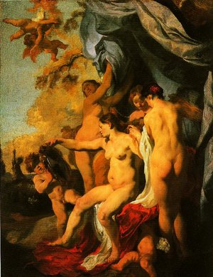 Peinture à l'huile Venus at Her Mirror de Johann Liss, une toile de maître format 30x36