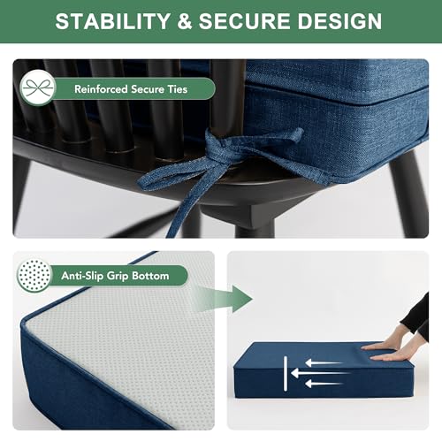 Image of Summsun Outdoor Chair Cushions, Faux Linen Backrest and Deep Seat Cushion Set for Patio Furniture with Weather Resistant Removable Cover, Ties, Non-Slip Bottom, 24 x 24 Inch, Navy, Set of 2