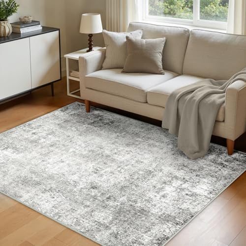 INOVADAY Washable Rugs Living Room 120x180 cm Modern Abstract Rug with Soft Low Pile Vacuum Friendly Non Slip Backing Minimalist Carpet for Lounge Bedroom Dining Room Home Office Grey/White