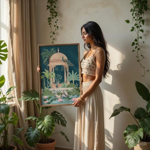 Image of Livin'luxe Royal Peacock Garden Wall Painting with Wooden Frame | Mughal Style Nature Artwork HD UV Laminated MDF Wall Decor | Elegant Peacock Botanical Art for Living Room Bedroom Decor