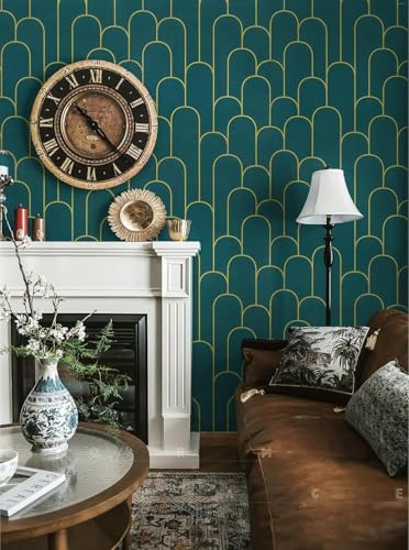 Image of VKR Modern Geometric Peel and Stick Wallpaper Roll | Self Adhesive Waterproof Vinyl Wall Covering for Bedroom, Living Room, Office, Cabinet & Furniture Decor (45 x 300cm, Teal Gold Pattern)