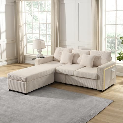 A ALFRESCOOL Sofá en forma de L con función de dormir, sofá esquinero con función de dormir, sofá de 3 plazas, otomana extraíble de gran tamaño, mueble modular de salón en forma de L (beige)