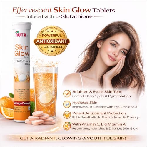 Image of Glutathione 600mg, HyaluronicTablets With Vitamin-C & A E | Advanced L-Glutathione for. Skin Glow formula, Skin Lighting, Hydration, Anti-Aging,Pigmentation And Tan Removal | Orange Flavor For Men & Women Pack Of 6 (90 Effervescent Tablet)
