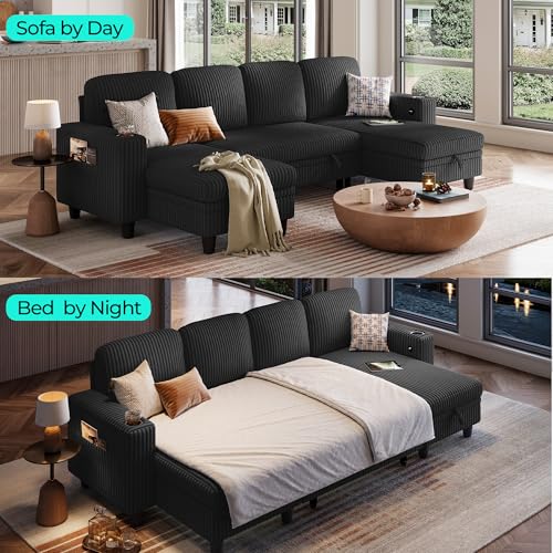 Image of LINSY HOME Sectional Sleeper Sofa Pull Out Couches for Living Room (Black, Sleeper Sofa 3) | Pull Out Sofa Bed, Storage, USB Charging, Cup Holders, Plush Corduroy
