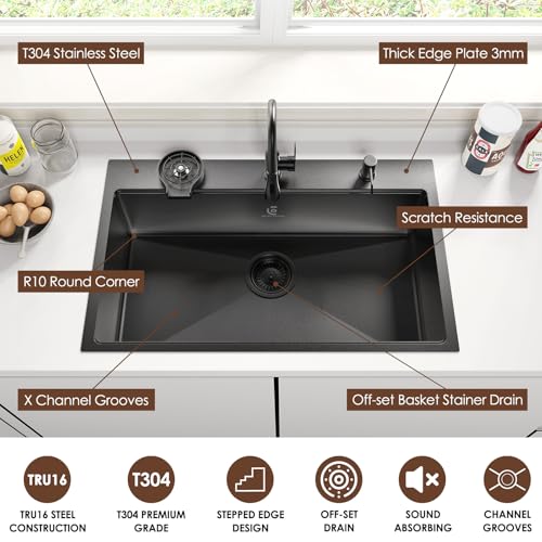 33x22 Inch Kitchen Sink Black Drop In Stainless Steel Kitchen Sinks 16 Gauge Single Bowl Workstation Luxury Top Mount Sink with 6 Accessories Include Glass Rinser (Black)