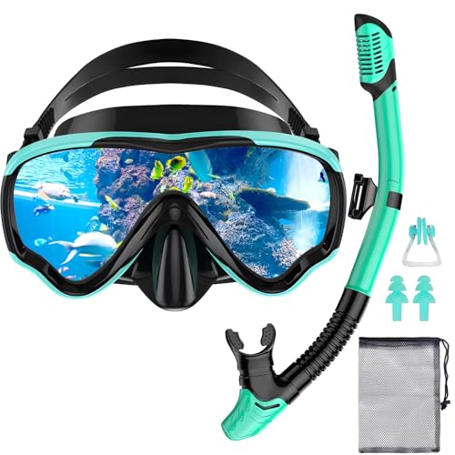 POWZOO Maschera Snorkeling,Occhialini da Sub panoramici a 180°,Anti-Nebbia Maschera Subacquea Adulti con Boccaglio,per Snorkeling Nuoto e Immersioni（verde）