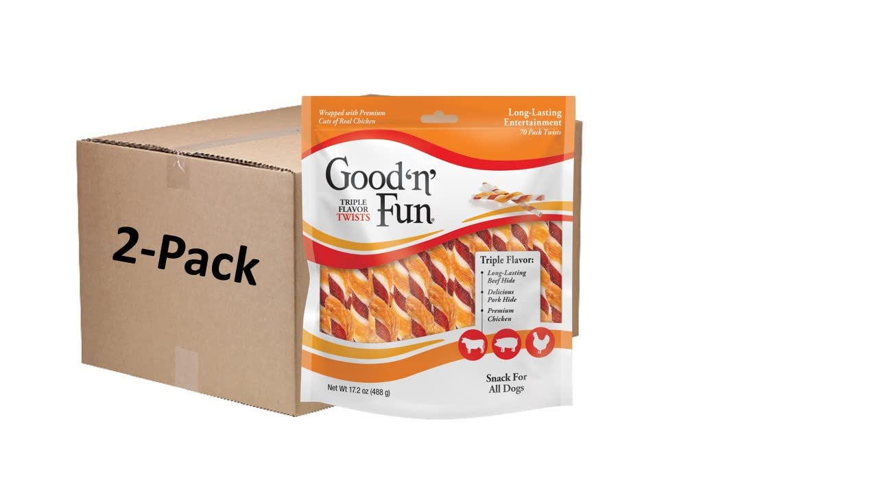 Good 'n' Fun Twists Long-Lasting Dog Treat, Real Protein, 70 Count (2 Pack) | Premium Chicken, Pork and Beef Hide Chew, Supports Dental Health and Mental Stimulation, For Adult Dogs