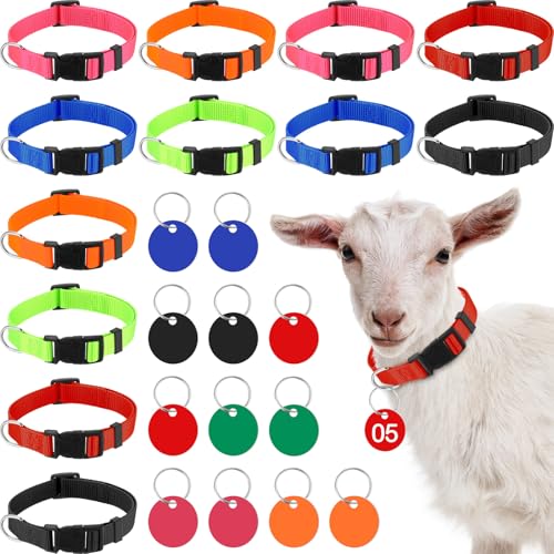 Image of Foilswirl 12 Pack Goat Collars with Number Tag Adjustable Nylon Livestock Collar with No. 01-12 ID Number Tags Sheep Collars Set for Small Livestock Farm Animal Goat Sheep Cow(Regular)