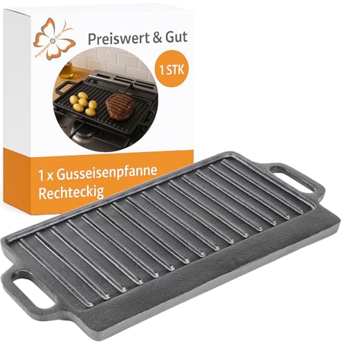 Preiswert&Gut Gusseisen Grillplatte rechteckig 40×20,5 cm – massive Gusseisenplatte mit Griffen – für BBQ, Gas, Induktion & Ofen – gleichmäßige Hitze, antihaft & langlebig