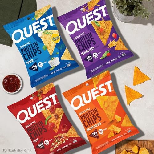 Image of Quest Nutrition Tortilla Style Protein Chips, Salty Snack Variety Pack, Pizza, Loaded Taco, Nacho Cheese, Ranch, High Protein Snack, Low Carb, Gluten Free, 1.1 oz (Pack of 8) 2 each flavor