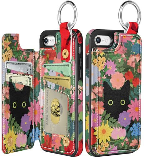 Shorogyt Compatible with iPhone 8/7/SE Wallet Case with Card Holder - Designer Flower Cat Pattern Kickstand Magnetic Clasp Back Flip Folio Leather Phone Covers for Women Men Girls