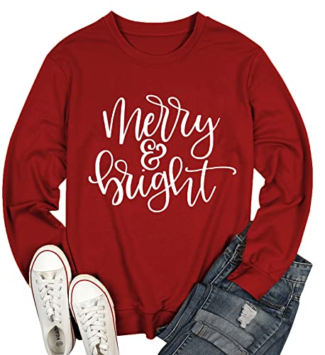 Image of Christmas Sweatshirt Women Merry and Bright Christmas T-Shirt Funny Xmas Lights Blouse Tops Holiday Shirts