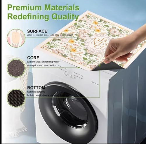 Image of Homecloud Non-Slip Washing Machine Mat - Durable Waterproof Protective Cover for Washer & Dryer, Dust-Resistant Mat Ideal for Laundry Room & Kitchen Appliances | 60x60cm (Beige Green)