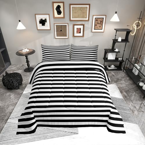 Striped Comforter Set Black and White Stripe Bedding Set Twin Kids Boys Girls Women Men Farmhouse Ticking Stripes Duvet Set Modern Geometric Lines Adults Abstract Gothic Home Decor Soft Reversible