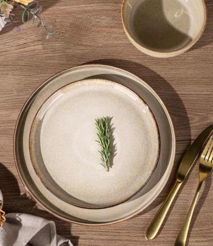 Image of GBHOME Dinnerware Sets for 4, 12 Pieces Stoneware Plates and Bowls Sets, Scratch Resistant Ceramic Dishes, Dishwasher & Microwave Safe, Reactive Glaze-Almond Cream