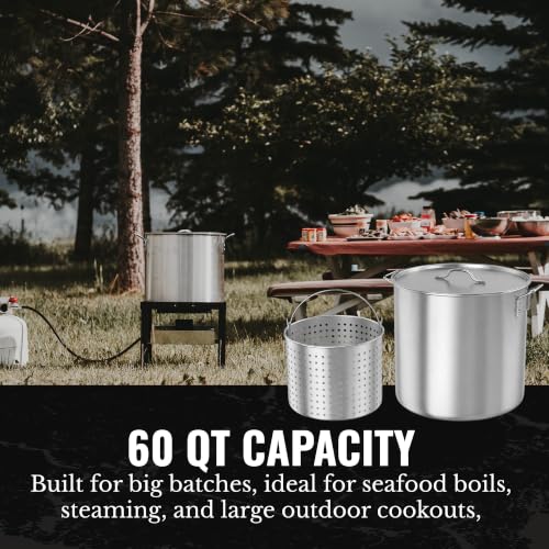 Image of GasOne 60Qt Aluminum Stock Pot with Strainer and - Lid Large Deep Fryer Pot | with Basket for Boiling, Frying Turkey, Seafood, Crawfish - Food-Grade Aluminum Large Cooking Pot with Sturdy Handles