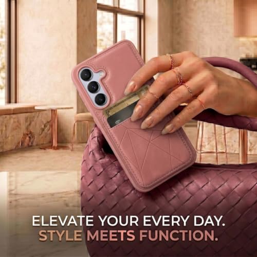 Image of amazon basics Premium Vegan Leather Back Cover with Card Holder and Integrated Mobile Stand for Samsung Galaxy S25FE 5G - Slim Shockproof Wallet Case with Geometric Stitching [Pink]