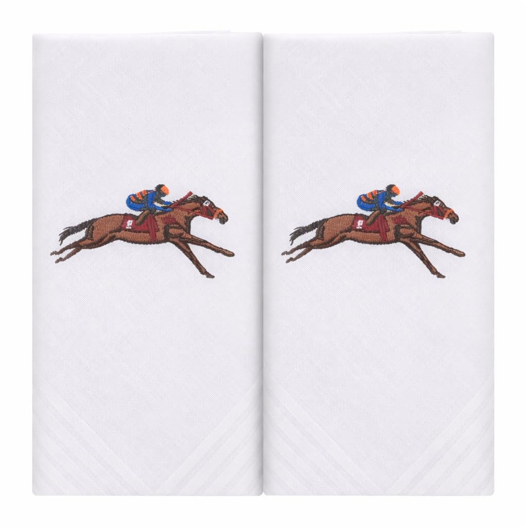 Race Horse and Jockey Handkerchiefs 2 White Cotton Embroidered Hankies Boxed