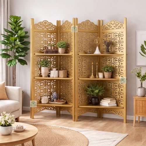 Image of Wooden Room Divider 6 Feet, 4-Panel Folding Wooden Partition for Living Room, Office, Pooja Room, Restaurant, Kitchen & Balcony (2W x 1.82H Meters). (Golden Lattice Pattern)